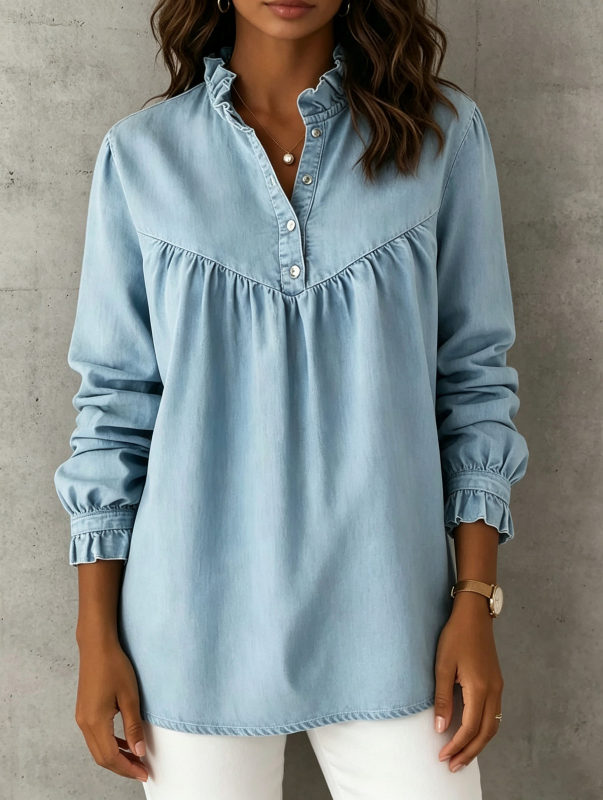 Loose-fit Denim Shirt Featuring A Stand Collar With Lettuce-edge Trim, A Partial Button Placket, Front Shirring, And Long Sleeves With Ruffled, Cinched Cuffs
