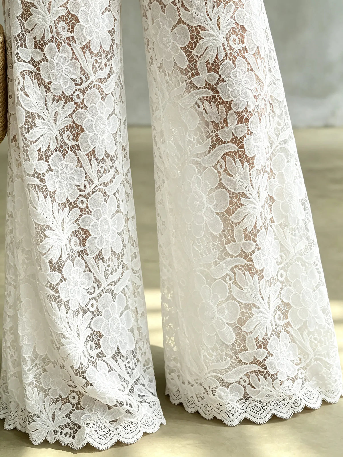 Women's Denim and Sheer Lace Wide-Leg Pants