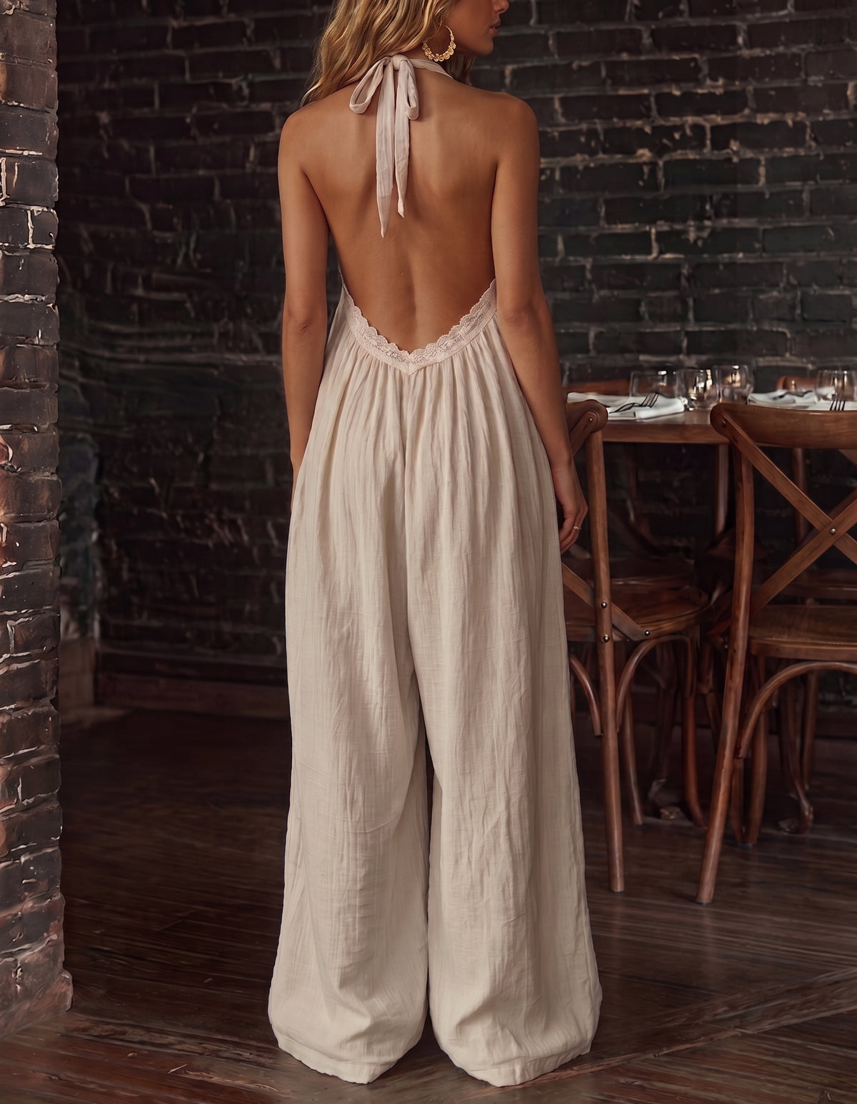 Women's Casual, Elegant, Comfortable Lace-trimmed Loose Linen Jumpsuit