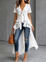 Elegant Tie-Front Ruffled High-Low Blouse