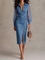 Chic Sheer-Sleeve Ruched Denim-Style Midi Dress