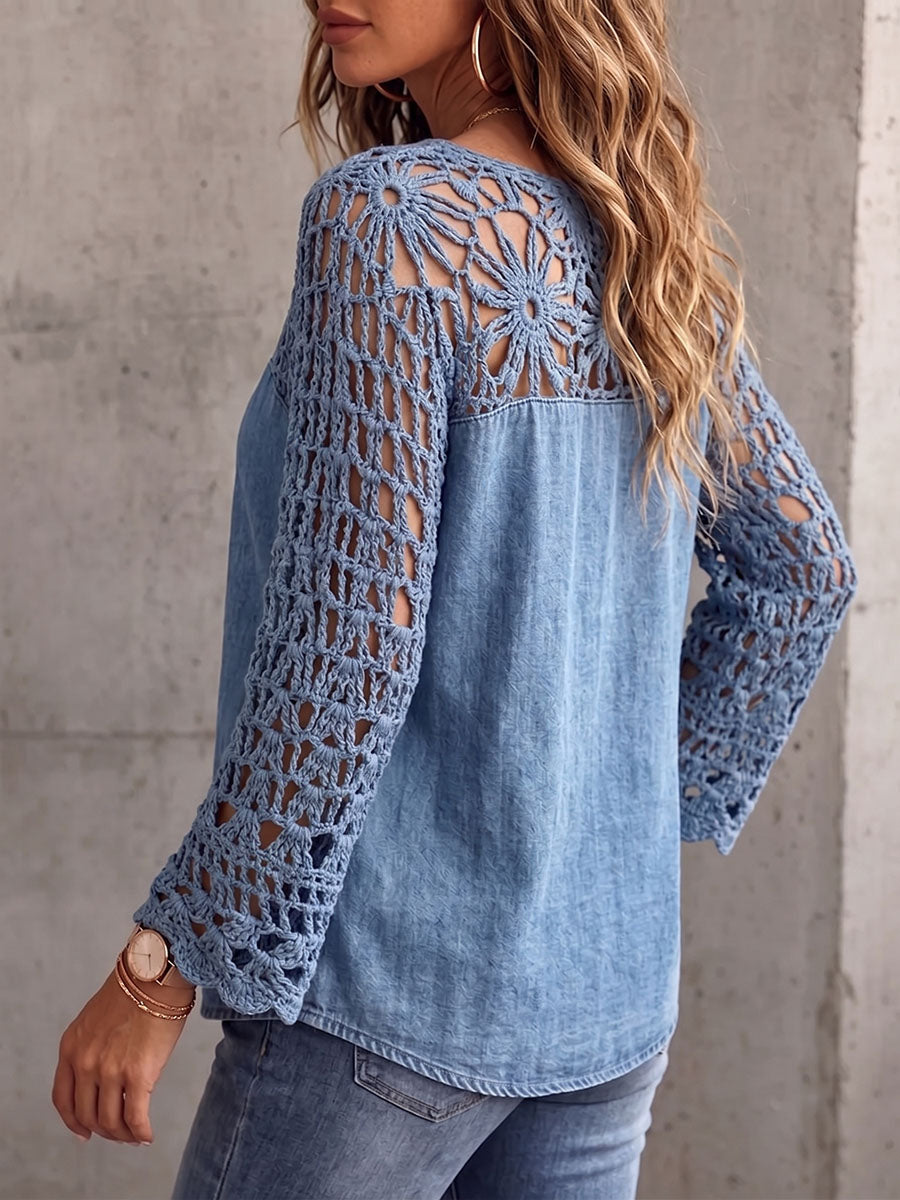 Vintage Elegant Crochet Floral Patchwork Denim Shirt