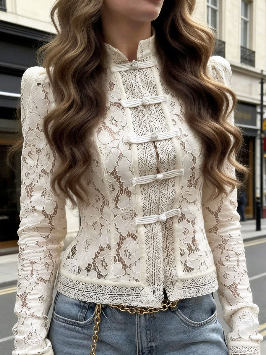 Women's Retro Floral Lace Hollow Art Casual Stylish Long Sleeve Shirt