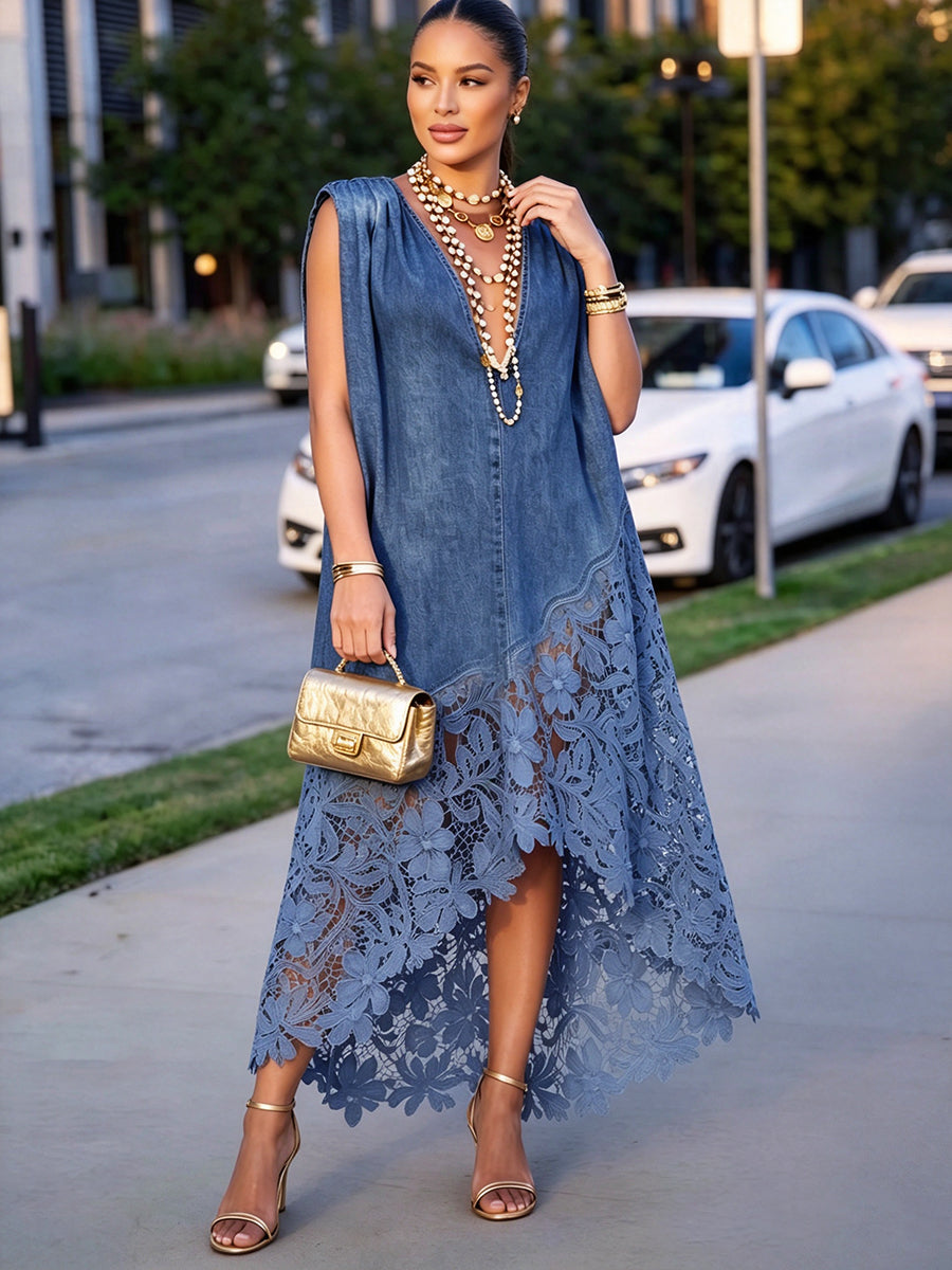 Elegant V-neck Denim Dress With Floral Lace Hem