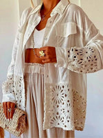Relaxed Resort Linen Crochet-Paneled Overshirt