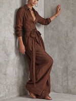 Solid Color Collared Top And Stylish Casual High-waisted Trousers Two-piece Set