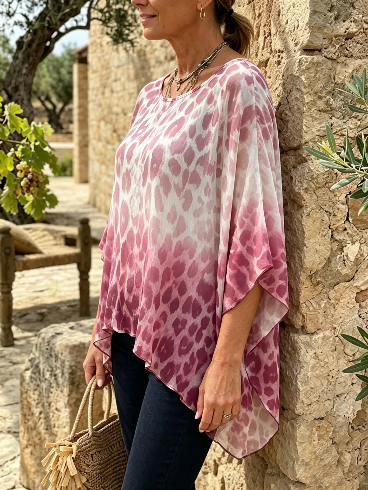 Women's Pink Leopard Ombre Batwing Top