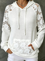 Women’s Floral Lace Raglan Sleeve Waffle Knit Drawstring Hoodie