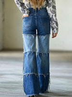 Womens High Waist Color Block Frayed Patchwork Wide Leg Flare Jeans