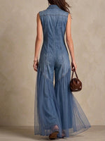 Casual Denim Jumpsuit With Chiffon-paneled Hems