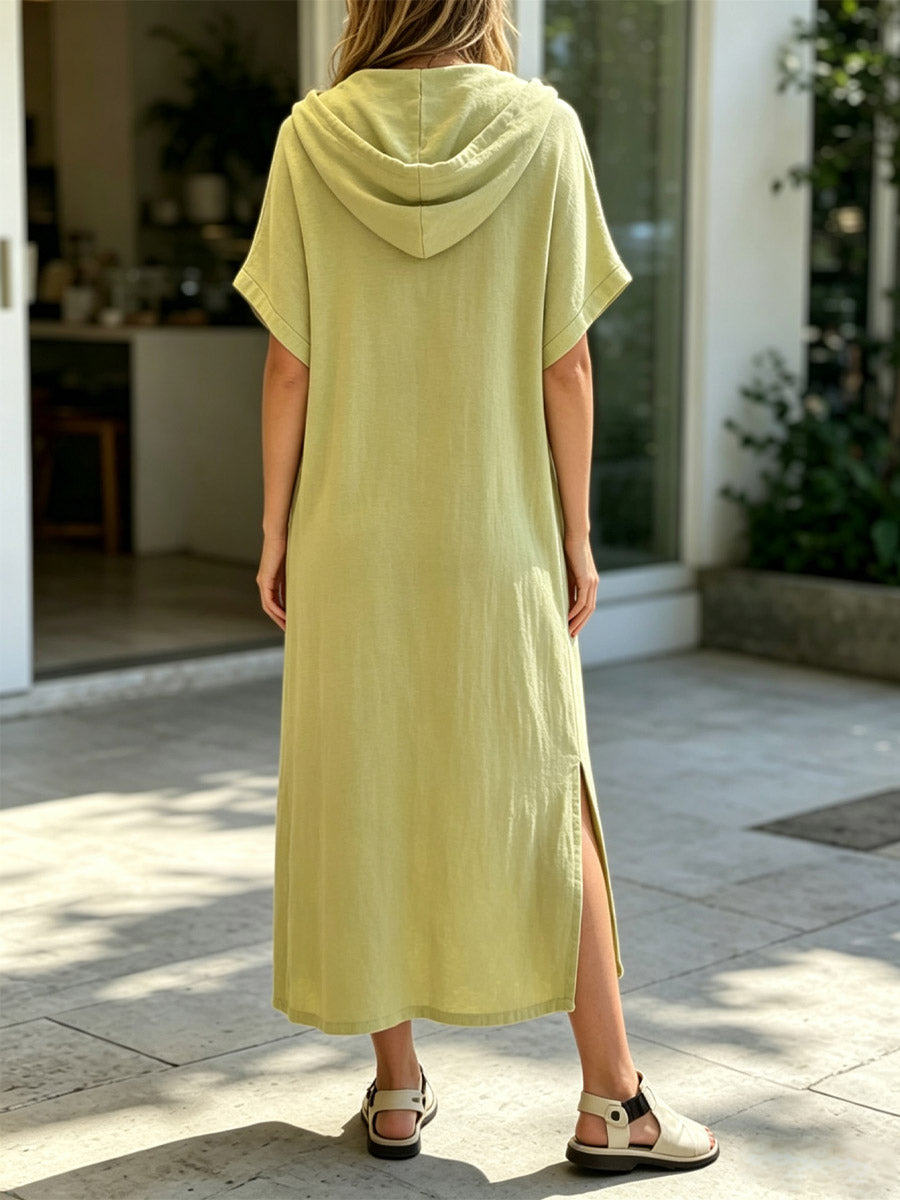 Women's Hooded Loose Art Casual Stylish Short Sleeve Cotton Linen Dress