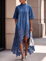 Elegant And Stylish Lightweight Denim Dress With Lace Hem