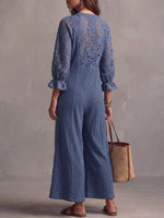 Vintage Elegant Waffle Patchwork Cutout Lace Jumpsuit