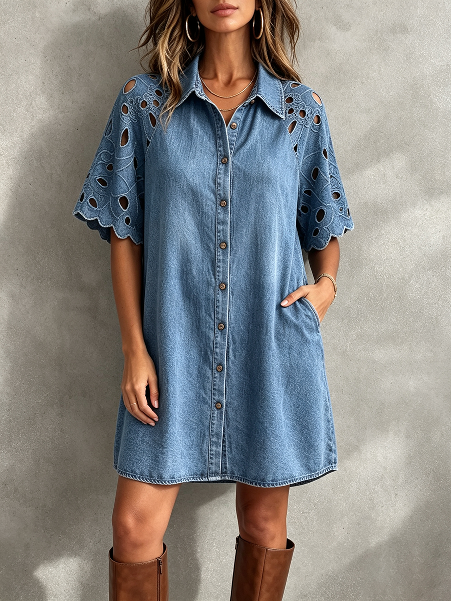 Boho Vintage Floral Lace-panel A-line Denim Dress