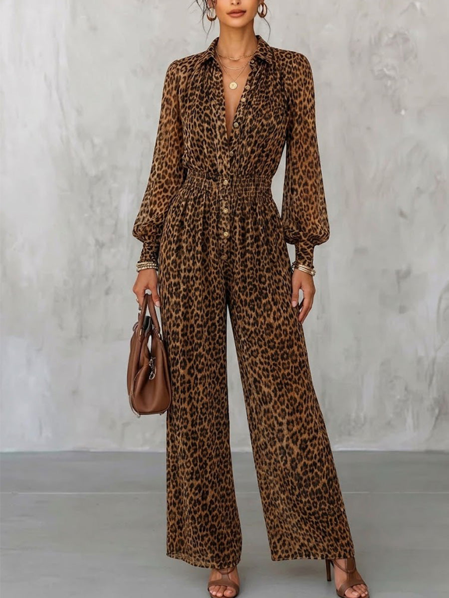 Vintage Leopard Print Lapel Button Front Elastic Waist Puff Long Sleeve Drape Wide Leg Jumpsuit