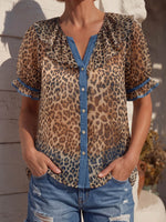 Vintage Art Comfortable Summer Fabrics Denim Patchwork Chiffon Shirt