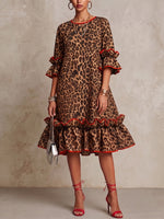 Elegant Ruffled Leopard-print Linen And Cotton Dress