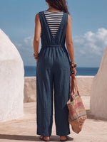 Women's Striped Print Color-block Crew Neck Sleeveless Casual Loose Cotton-linen Wide-leg Jumpsuit