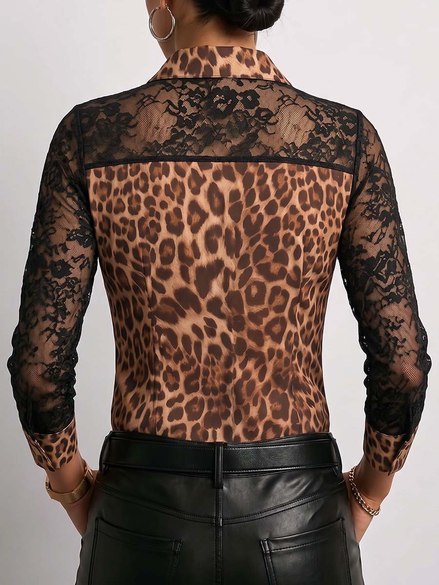 Women's Leopard Print Long-sleeve Casual Loose Shirt With Lace Paneling And Collar