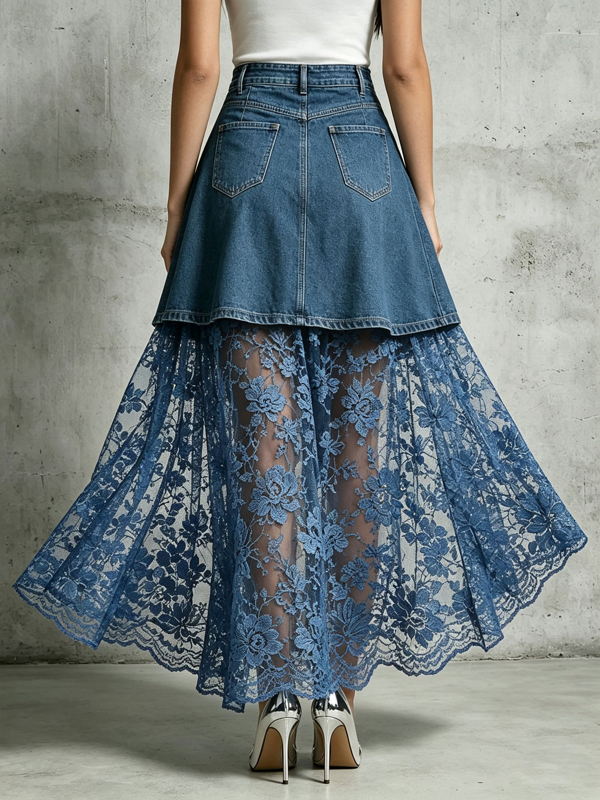 Women‘s Asymmetric Button Denim Overlay Floral Lace Maxi Skirt