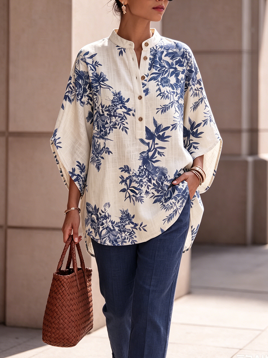 Elegant Floral Print Cotton-linen Shirt With Batwing Sleeves