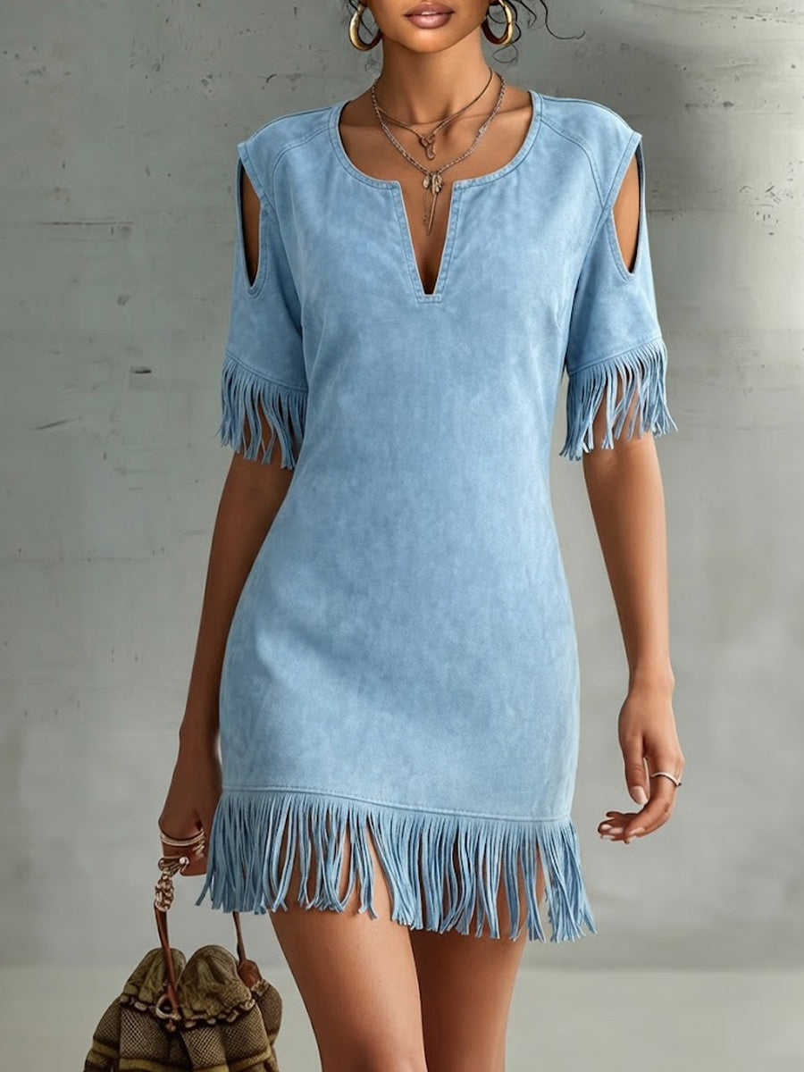 V-neck, Off-shoulder, Short-sleeve, Loose-fit Midi Dress In Faux Suede With Fringe Detailing—perfect For A Vacation Look