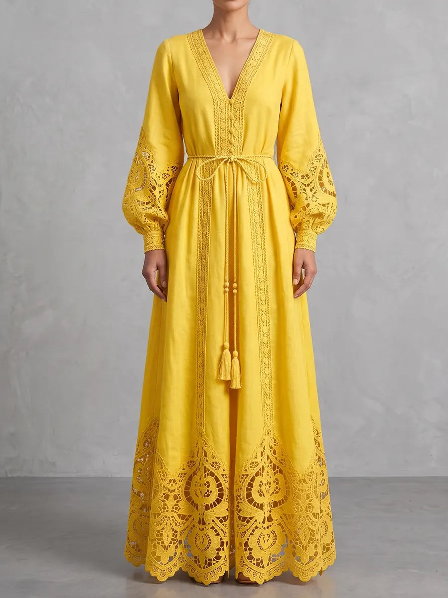 Radiant Yellow V-Neck Macramé Lace Linen Maxi Dress