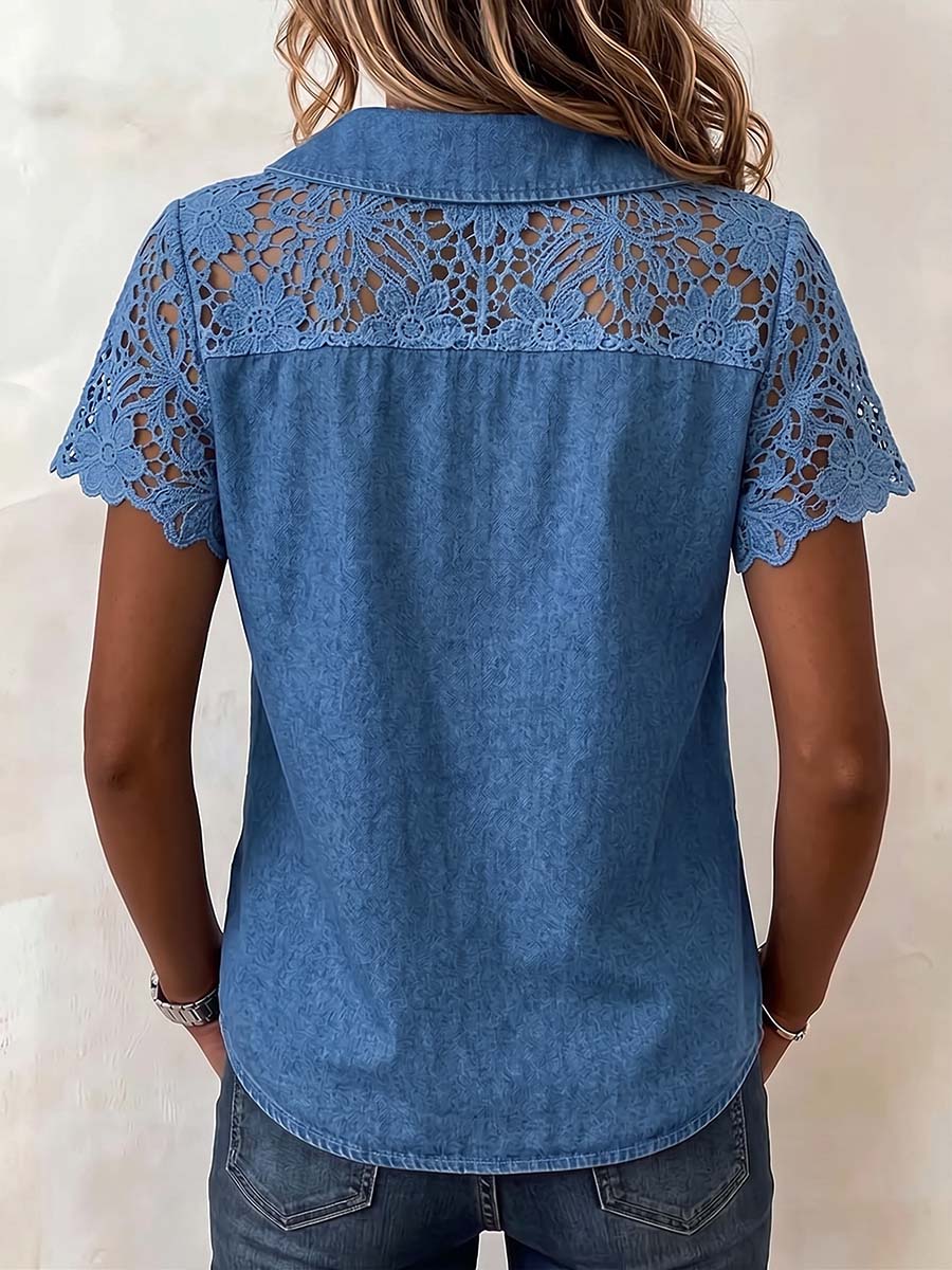 Women's Casual Loose-fit Denim Shirt With Peter Pan Collar Short Sleeves, And Lace Paneling