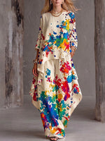 Women's Casual Loose Cotton-Linen Set: Abstract Placement-Print Crew-Neck 3/4 Sleeve Top & High-Waisted Wide-Leg Pants