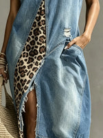 Women's Leopard Print Patchwork Denim Sleeveless Slit Midi Dress