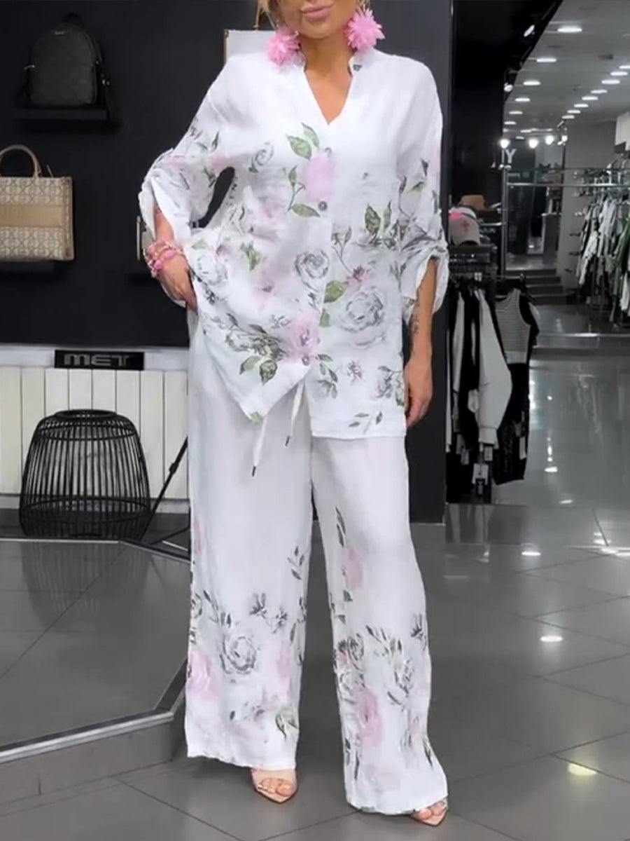 Casual Floral Print Shirt And Trousers Two-piece Set