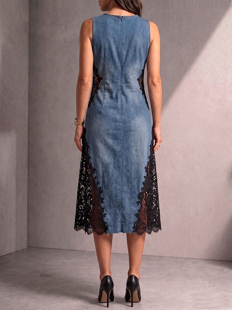 Women's Casual Loose-fit Denim Dress With Lace Panels, Round Neck, And Sleeveless Design