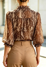 Retro Ruffle Snake Pattern Print Short Sleeve Loose Art Casual Chiffon Shirt