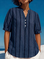 Vertical-striped, Mandarin-collar, Short-sleeve Slub Linen Top With A Small V-neck And Partial Button Placket