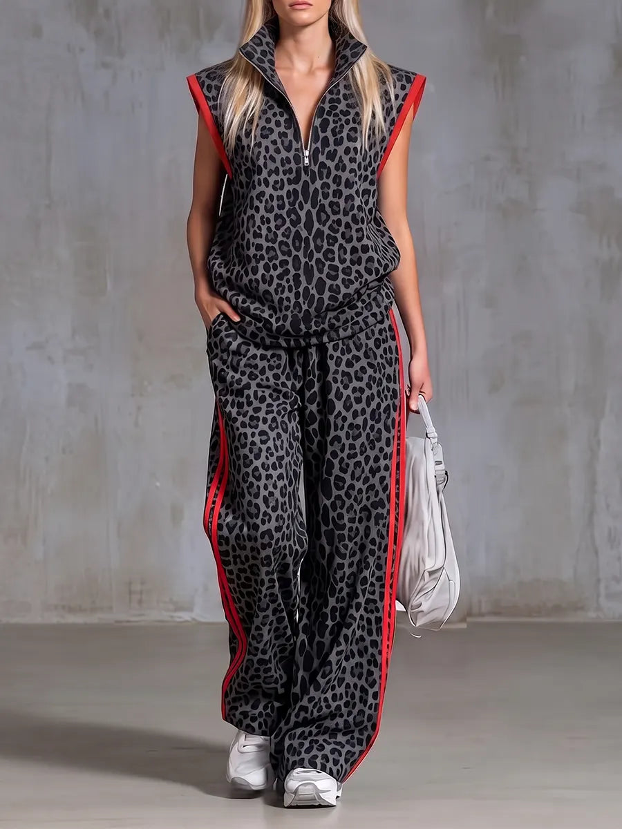 Chic Charcoal Leopard Sleeveless Zip-Up Top & Wide-Leg Track Pants Set