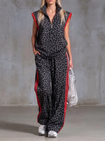 Chic Charcoal Leopard Sleeveless Zip-Up Top & Wide-Leg Track Pants Set
