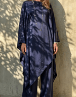 Women's Satin Two-piece Set, Featuring An Asymmetrical Shawl-sleeved Long Top And Wide-leg Trousers.