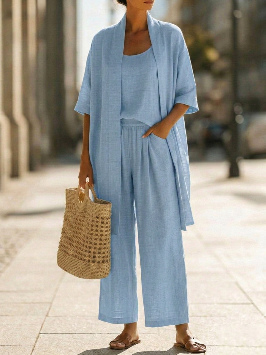 Minimalist Linen-cotton Three-piece Set - Comfortable For Everyday Wear