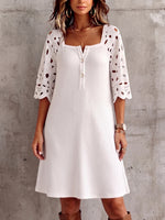 Elegant Square-neck Knit Dress With Floral Embroidery Sleeves