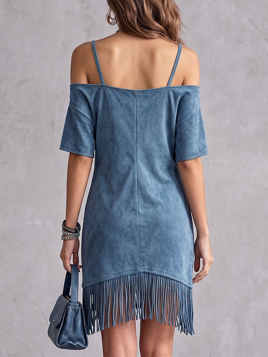 Women's Solid Color Short-sleeve Casual Loose Suede Dress With Tassels