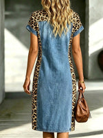 Women’s Leopard Patchwork Cap Sleeve Collared Denim Midi Shirt Dress