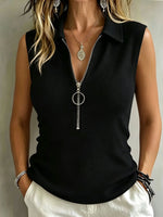 Women’s Collared Ring Half Zip Ribbed Sleeveless Polo Tank Top