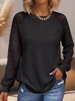 Women's Solid Color Crew Neck Long-sleeve Loose-fit Cut-out Knit-panel Pullover