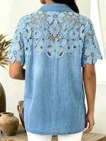 Women’s Floral Eyelet Lace Spliced Cap Sleeve Collared Denim Shirt