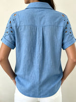 Women’s Floral Eyelet Lace Patchwork Rolled Cuff Linen Blend Button Shirt