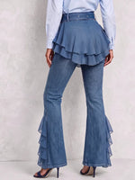 Statement Tencel Denim & Chiffon Ruffled Flare Jeans