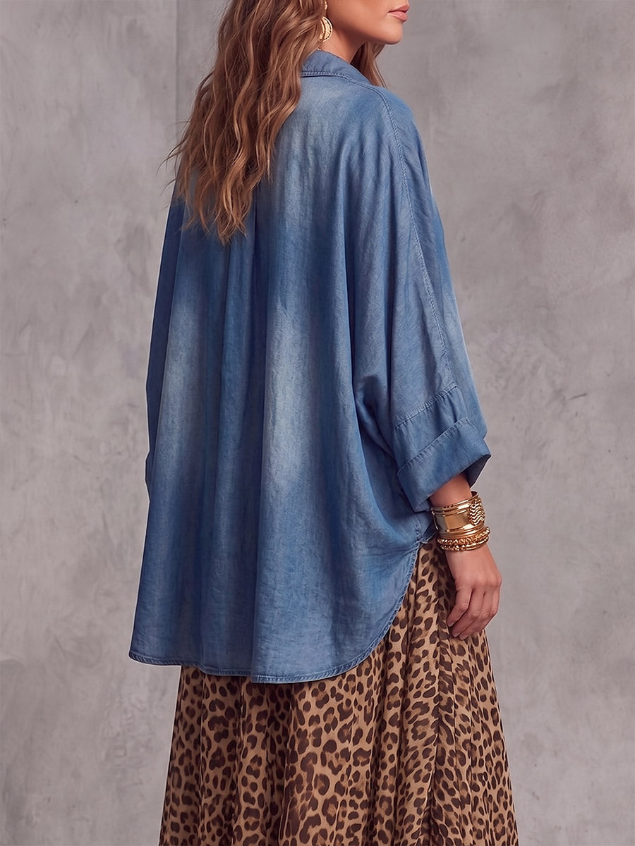 Vintage Elegant Denim Patchwork Pocket Irregular Shirt