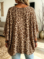 Women’s Leopard Print Round Neck Double Layer Ruffle Dolman Sleeve Blouse