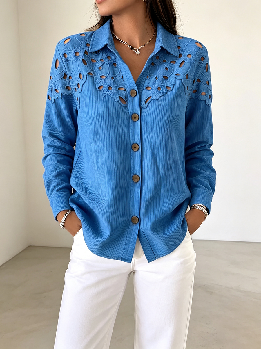 Elegant Corduroy Shirt With Floral-cutout Paneling