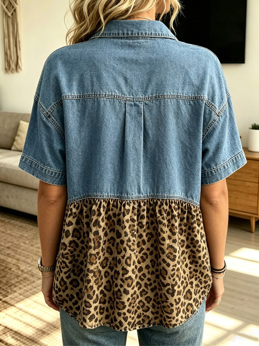 Retro Leopard Denim Patchwork Loose Art Casual Lapel Short Sleeve Shirt